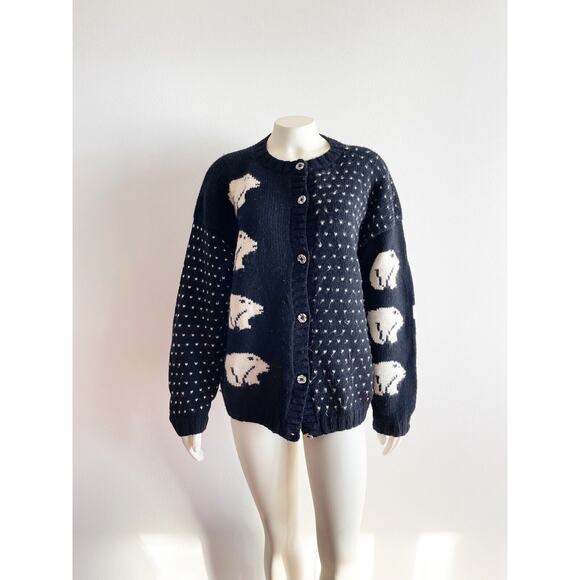 Nomadic Traders Black White Bear Wool Button Down Sweater Made in Peru Medium - Picture 3 of 9